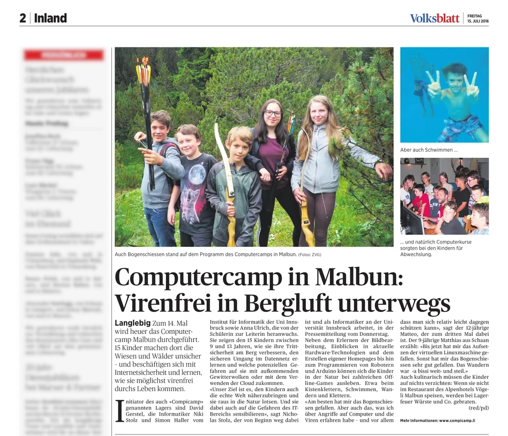 Volksblatt, 15. Juli 2016: Computercamp in Malbun - virenfrei in Bergluft unterwegs